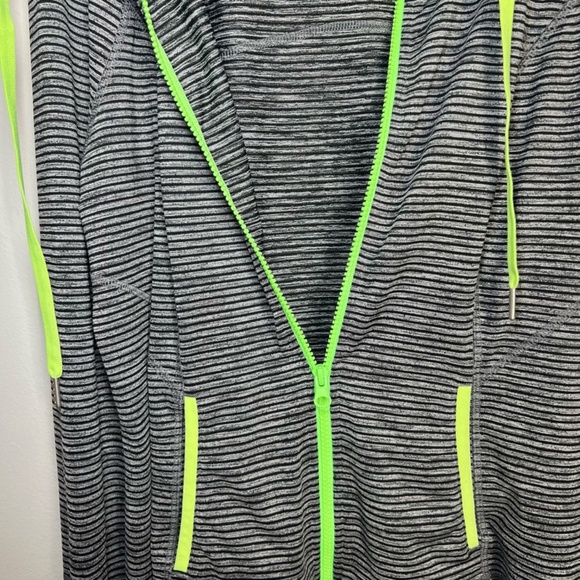 Lukka Womens Hooded Athletic Jacket Gray Black Stripe Neon Zip Thumb Holes Sz XL - Picture 8 of 15